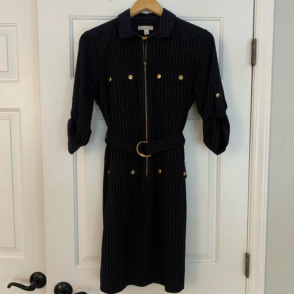 Dress Barn Navy Blue Pin Stripe Collared Dress Size 6